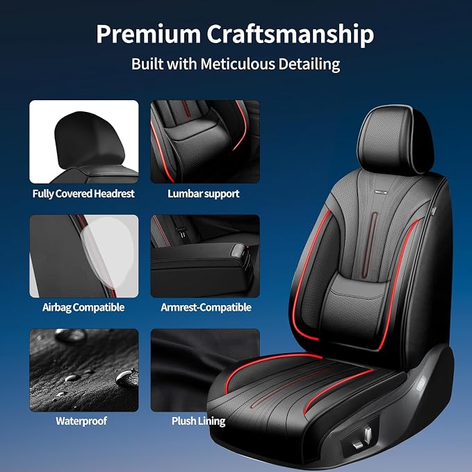 Fit CTS Car Seat Covers (Front Pair) for Select Cadillac CTS 2003-2019 - Premium Full Coverage Leather, Airbag Compatible & Scratch-Resistant, Waterproof & All Weather Seat Protector, Red Trim