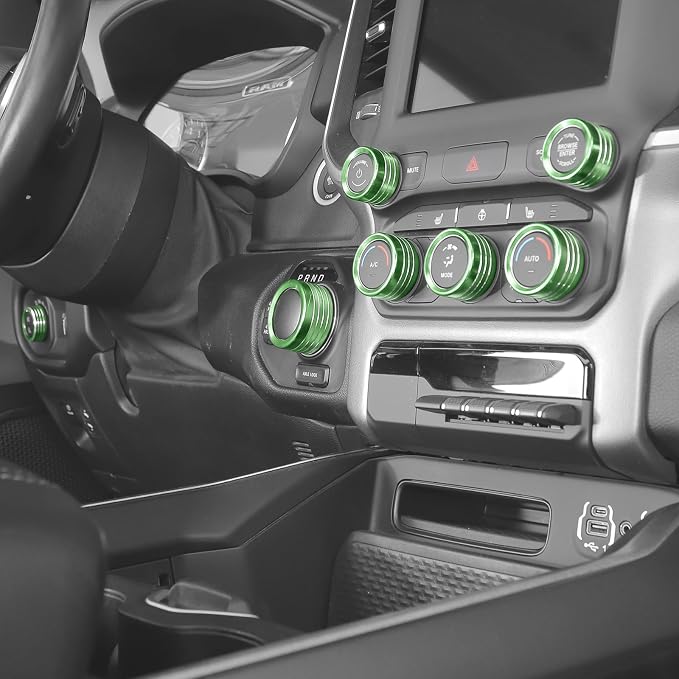 Jimen for Ram Center Console Knob Covers, 7PCS AC Air Conditioner Audio Volume Button & Headlight Switch & 4WD Shifter Knob Ring Trim Fit for Dodge Ram 2018-2025 (Green)
