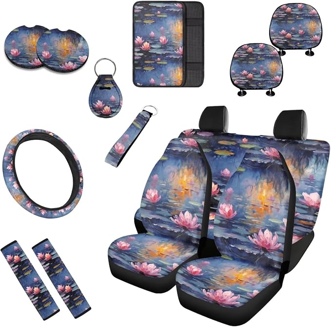 Water Lily 13 Pack Car Seat Covers Full Set Oil Painting Water Lily Car Interior Accessories Retro Classical Lotus Flower Fit Auto SUV Trucks Seat Belt Shoulder