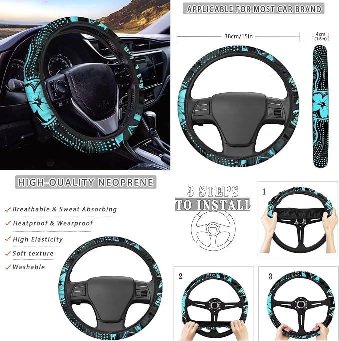 Ystardream Art Sea Turtle Car Seat Cover Full Set 11 Pcs with Steering Wheel Cover, Auto Seat Belt Covers Keychain & Cup Holder Pads, Universal Fit for SUV Sedan Truck, Protective Interior, Blcak