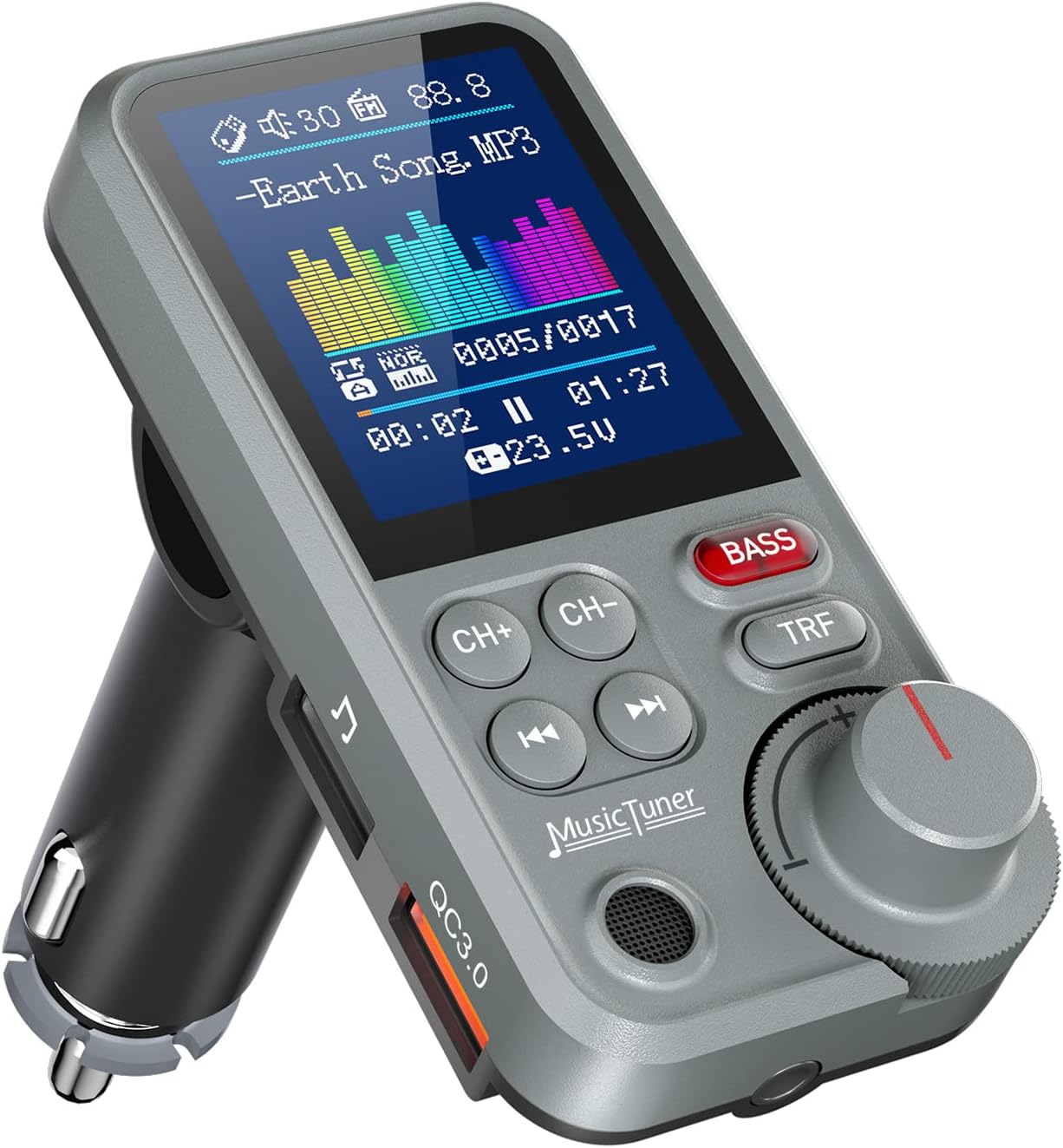 Nulaxy FM Bluetooth Transmitter for car, Strong Microphone Bluetooth Car Adapter with 1.8" Color Screen for Hands-Free Calls, Supports QC3.0 Charging, Treble and Bass Sound Music Player- KM30 Grey