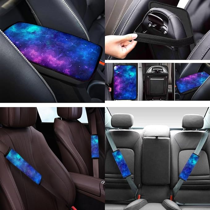 Blue Galaxy 12 Pack Car Seat Covers Full Set Steering Wheel Cover Seat Belt Cover Keychain Holder Armrest Cushion Protector Universal Fit Most Vehicles Cars SUV