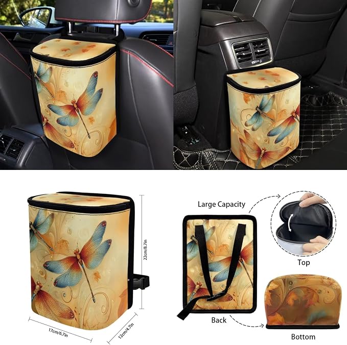 15 Pcs Vintage Dragonfly Car Seat Covers Full Set for Women Cute Car Accessories Interior Car Steering Wheel Cover Seatbelt Covers Trash Bin Rear View Mirror Cover Cup Holders Keychain