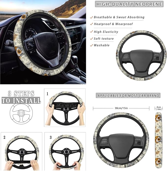 Sunflower Skull Print Soft Comfortable Car Seat Covers, Neoprene Steering Wheel Cover, Seatbelt Pads, Shift Knob and Handbrake Cover, Car Coasters, 11pcs Halloween Decorations