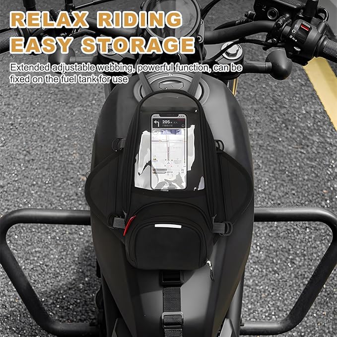 Motorcycle Tank Bag with Waterproof Touch Screen Phone Pouch, Oxford Cloth, Fits Most Motorcycles