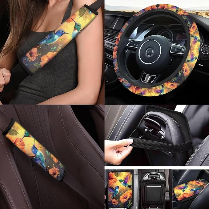 Hummingbird Flowers Car Seat Cover Set 17 Pack Hummingbird Car Interior Accessories Full Set with Seat Belt Shoulder Pad Car Arm Rest Cover Pad Universal Automotive Carpet Floor Mats Set of 4
