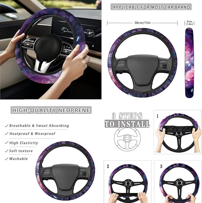 Purple Floral Car Aaccessories Full Set of 15 Pcs, Butterfly Car Seat Covers Set with Rear View Mirror Cover,Steering Wheel Covers,Car Trash Can with Lid for Women Man,Universal Fit