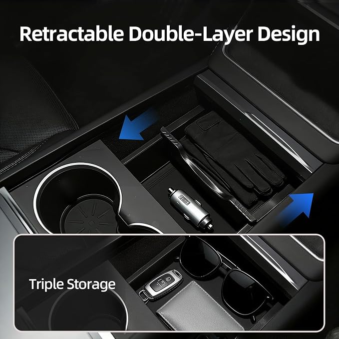 4-Piece Dual-Layer Center Console & Armrest Storage Box for 2024-2026 Tesla Model 3 Highland / 2025-2026 Model Y Juniper, Sliding/Lift-Up, Premium ABS, Tool-Free