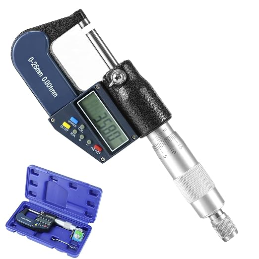 QWORK Digital Outside Micrometer with Carbide Tip, 0-1 Inch / 0-25 mm Measuring Range, High Accuracy ±0.002 mm, LCD Display