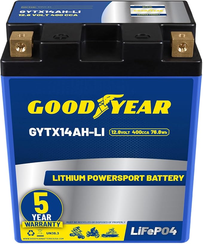 Goodyear GYTX14AH-LI Lithium LiFePO4 12.8V 400CCA Rechargeable High Performance Powersport Battery with Smart BMS Replacement for Motorcycle, ATV, UTV, Scooter, Watercraft, Jet Ski, and Snowmobile