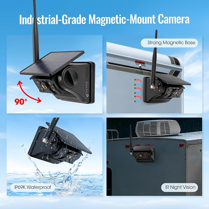4 Magnetic Solar Wireless Backup Camera System, 10.1" IPS DVR Touchscreen, 2 Rearview + 2 Sideview Night Vision Cameras for Hitching Trailer Camper, 4x9600mAh Rechargeable Solar Battery, AT4