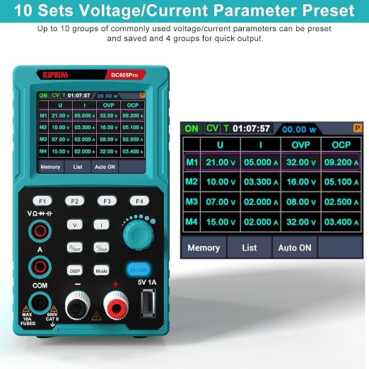 Kiprim 2-in-1 Programmable Power Supply and Multimeter (0-60 V 0-5 A) DC605Pro with Data Memory,High Precision,OCP,OVP, PC Software and USB Charging