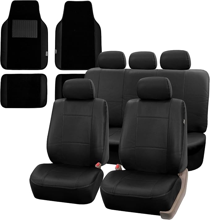 FH Group Car Seat Covers Premium PU Leather Seat Covers Full Set w. F14408 Carpet Liners – Universal Fit for Cars Trucks and SUVs (Black) PU002115