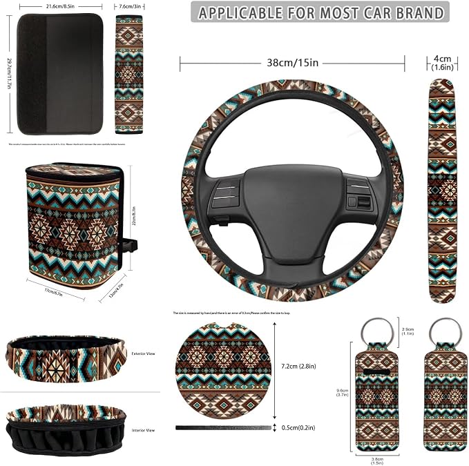 Aztec Car Accessories Set 12 Pcs Steering Wheel Cover Car Seat Belt Cover Car Trash Can Car Rear View Mirror Cover Car Cup Coasters Keychain Holder Keychains Car Interior Automotive