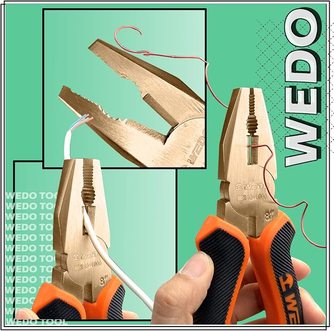 WEDO Non-Sparking Lineman's Pliers 10", Spark-free Safety Side Cutters, Combination Pliers, Wire Stripper, Crimper, DIN Standard, BAM & FM Certificate, Beryllium Copper