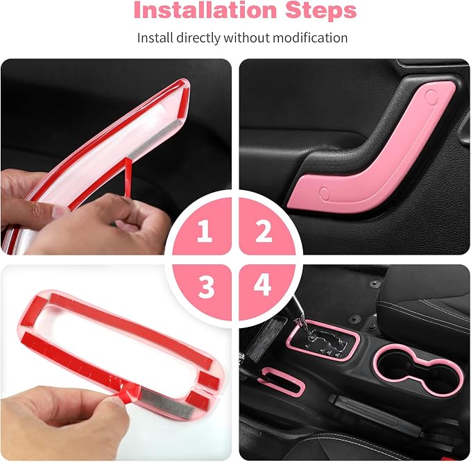 CheroCar 18PCS Interior Trim Kit for Jeep Wrangler JK JKU 2011-2018 4 Door,Steering Button Frame, Air Conditioning Vent Trim Cup Holder Cover,Gear Shift Knobs Frame,Pink…