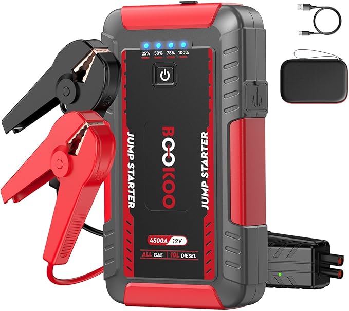 BOOKOO H8 Jump Starter 4500A Car Jumper Battery Pack for All Gas and 10L Diesel Engines,12V Car Battery Charger with Jumper Cables,USB QC3.0,LED Light