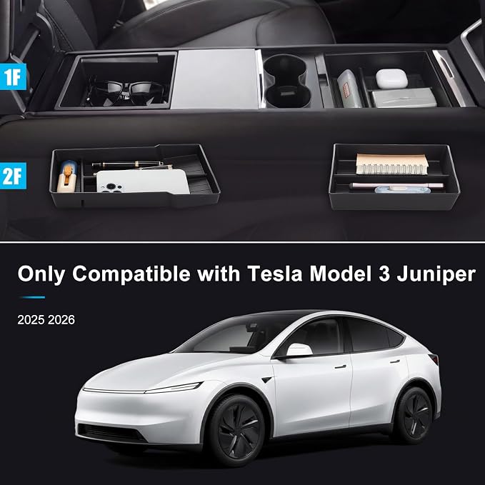 BBTO 8 Pcs Center Console Organizer Compatible with Tesla Model 3 Highland 2025 2026 Accessories Double Layer Center Console Tray Hidden Storage Box Charging Pad Cupholder Interior Storage Accessories