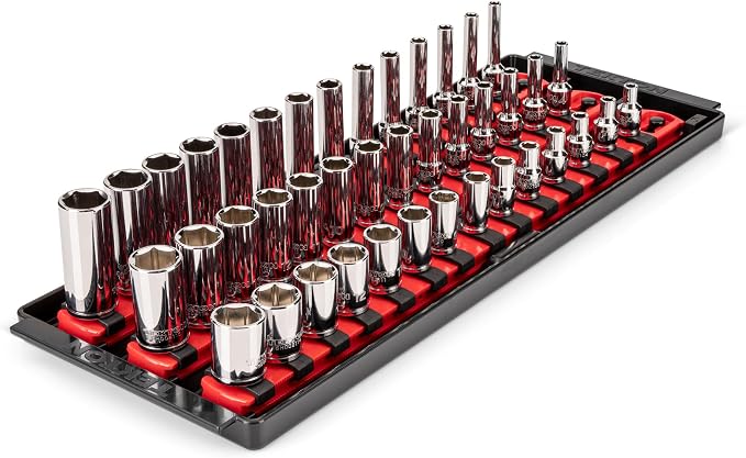 TEKTON 1/4 Inch Drive Shallow, Semi-Deep, and Deep 6-Point Socket Set with Rails and Trays, 42-Piece (4-15 mm) | SHD90120