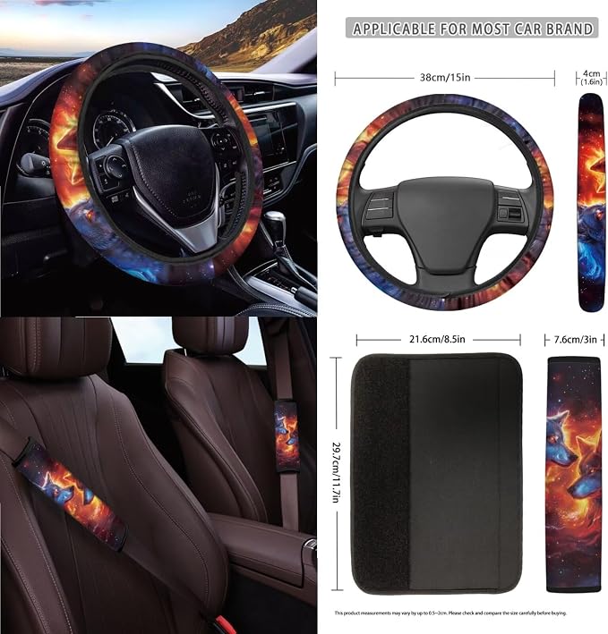 Fire Wolf Galaxy Print Car Seat Cover Sets Car Steering Wheel Cover Seat Belt Cover Trash Bin Air Vent Storage Box Front Rear View Mirror Car Cup Holder Keychain 15Pcs Car Accessories