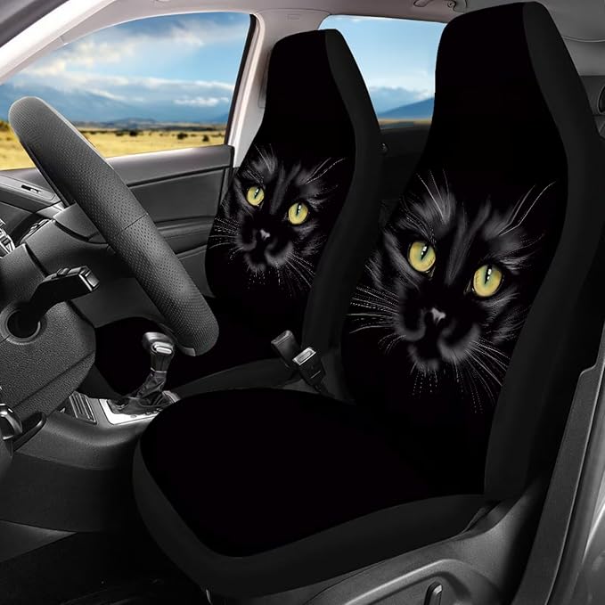 Black Cat Car Aaccessories Full Set of 17 Pcs,Black Cat Car Seat Covers Set with Heavy Duty Floor Mats,Steering Wheel Covers,Cool Print Seat Belt Shoulder Pad for Women Man,Universal Fit