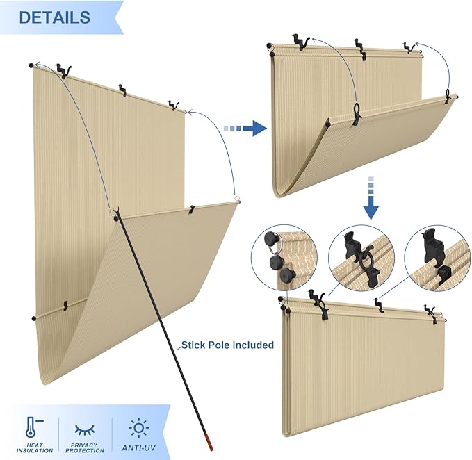 E&K Sunrise 7'W x 6'H Outdoor Roller Shades Patio Cordless Roll Up Blinds Foldable Sun Shade UV Block Exterior Sun Screen for Outside Porch Backyard Deck Pergola (Beige)