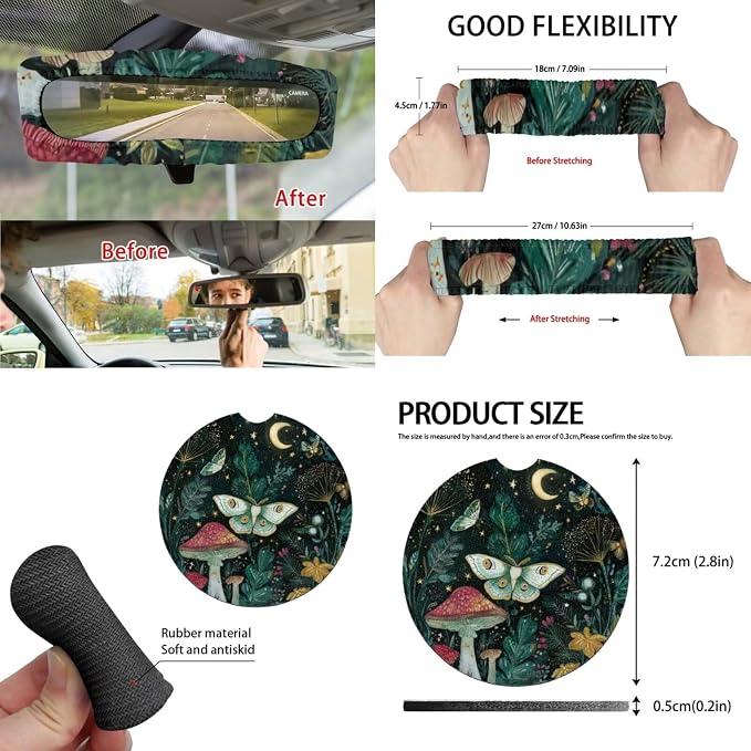 Moon Mushroom Moth Car Seat Covers Full Set for Women Cute Car Accessories Interior Car Steering Wheel Cover Seatbelt Covers Trash Bin Rear View Mirror Cover Cup Holders Keychain