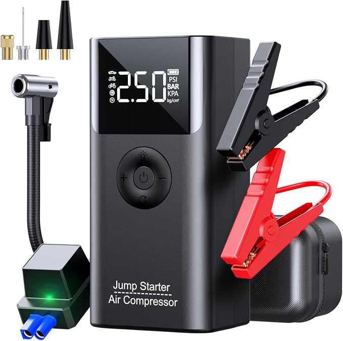 Car Battery Jump Starter with Air Compressor, 2500A Car Jumper Starter Portable (Up to 9L Gas/8L Diesel), 12V Jump Box 150PSI Auto-Shutoff Tire Inflator with Smart Clamps, Road Trip Essentials