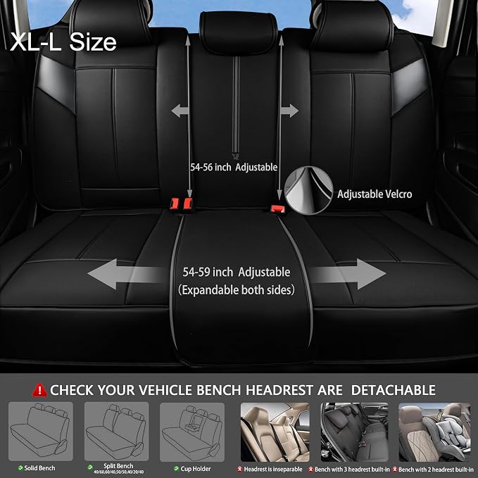 CAR PASS Nappa Leather Back Seat Cover, Waterproof Bench Rear Seat Cover, Breathable Back Row Protector Luxury Cushioned, XL-L-M Size Universal Fit for Cars SUV Pick-up Truck Sedan(Black Charcoal)