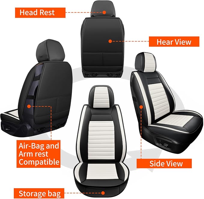 HChengkikz Car Seat Covers Front Pair, Breathable Nappa Leather Seat Covers for Cars, Universal Auto Interiors Car Seat Cushions for Most Sedans SUV Truck (2 PCS Front Seat, Black + Cream)