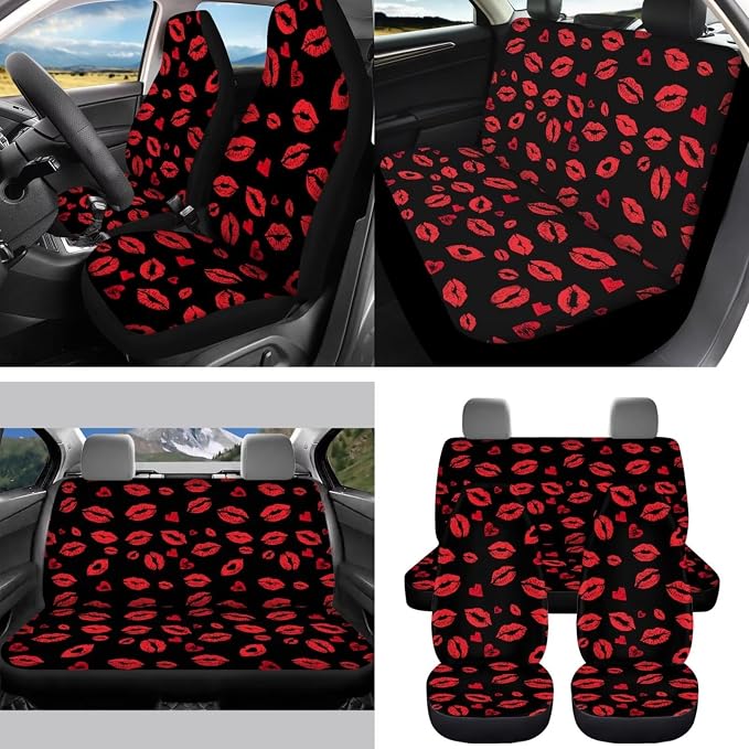 15 Pcs Red Lip Car Seat Covers Full Set for Women Car Accessories Interior Car Steering Wheel Cover Seatbelt Covers Trash Bin Rear View Mirror Cover Cup Holders Keychain