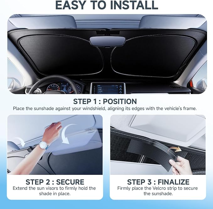 [Upgrade] DooGooCoo Windshield Sun Shade - Large, Sunshade for Car Windshield [100% Sunlight & UV Block] Car Sun Shade Windshield Protect & Keep Car Cooler Foldable Front Windshield Shade (69x35 in)