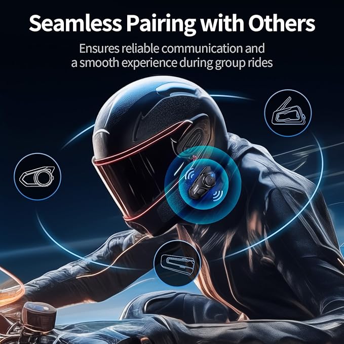 JESIMAIK Motorcycle Helmet Bluetooth Headset, 10 Way 2KM Helmet Communication System, Multitasking Audio Motorcycle Intercom, 2 Mics&40mm Speaker (1 Pack)