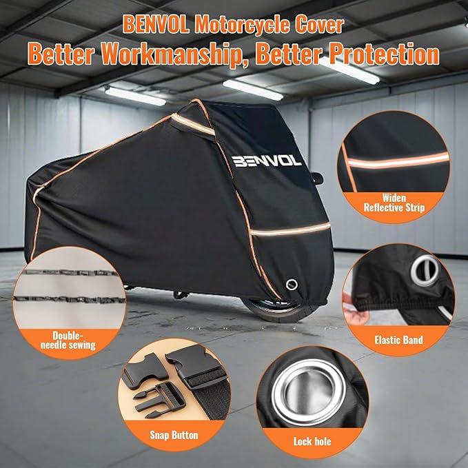 BENVOL 420D Heavy Duty Motorcycle Cover Waterproof Outdoor, 5000mm Rainproof Material Motorbike Cover with 2 Windproof Buckles, Lock Holes & Wide Reflective Strips, Anti-UV Sun Dust Protection