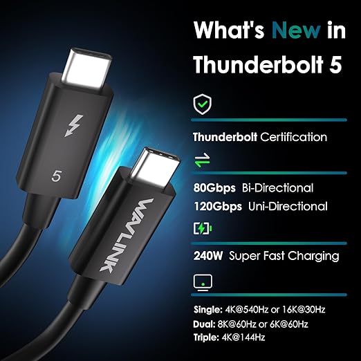 WAVLINK Thunderbolt 5 Cable, 120Gbps Fast Data Transfer and 240W Power Delivery USB-C Cable, 8K/16K Display Support, Backwards Compatible TB4/3/USB4/3, Ideal for Gaming, Laptops, Monitors, Docks-2.6ft
