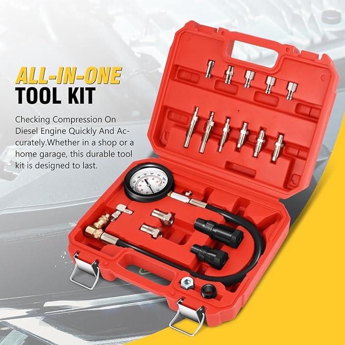 DNA Motoring TU-15A Diesel Engine Compression Gauge Tester with Gauge & Adapters, Cylinder Pressure Meter Teste Tool Kit for Cars Trucks, TOOLS-00337