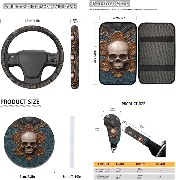 Lotusorchid Skull Print Automotive Seat Covers, Soft Comfy Car Seats Covers Full Set with Steering Wheel Cover Car Armrest Box Pad Seat Belt Cover Gear Shift Knob Covers for Most Vehicles