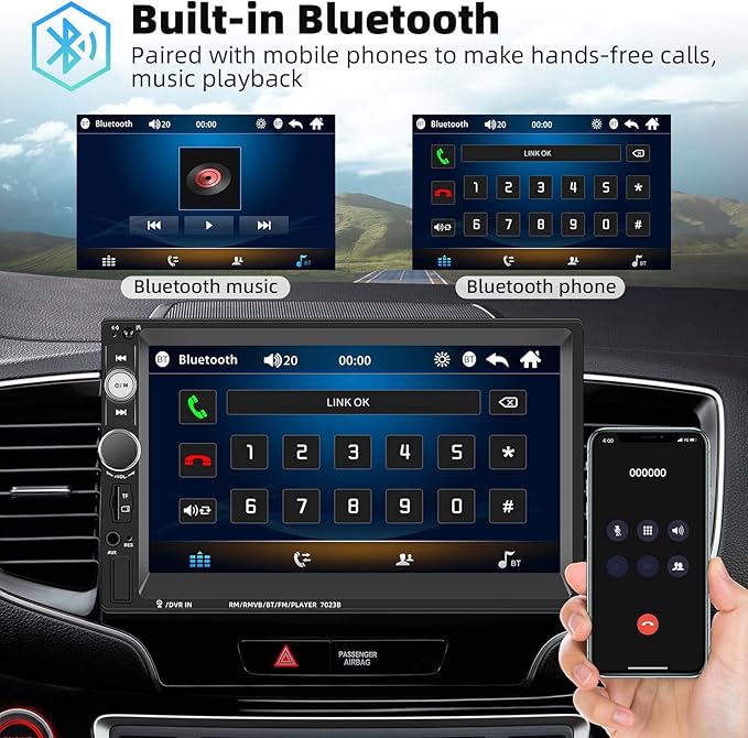 UNITOPSCI Double Din Car Stereo 7 Inch Touch Screen Car Audio Radio with Bluetooth Audio Hands-Free Calls Backup Camera FM Radio Receiver Car MP5 Player Support Mirror Link AUX-in USB TF Input
