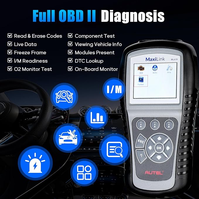 Autel MaxiLink ML619 OBD II Scanner - Same as AL619, ABS & SRS Diagnostic Tool for 1996+ Vehicles, Up of AL519 ML519, Code Reader with Live Data & Troubleshooting Tips