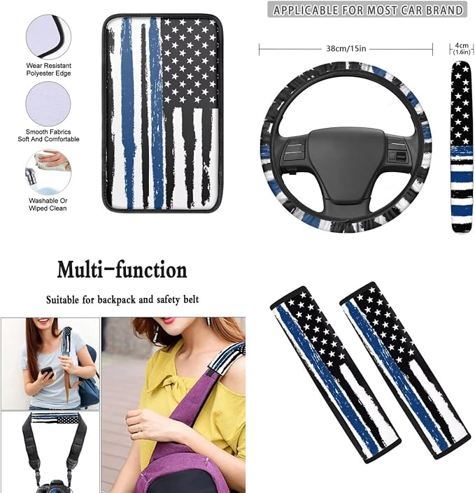 Mumeson Flag Patten Car Accessories Car Front and Rear Seat Covers Protector with Steering Wheel Cover + Seat Belt Covers Shoulder Pads + Car Armrest Cushion Pad Car Accessories