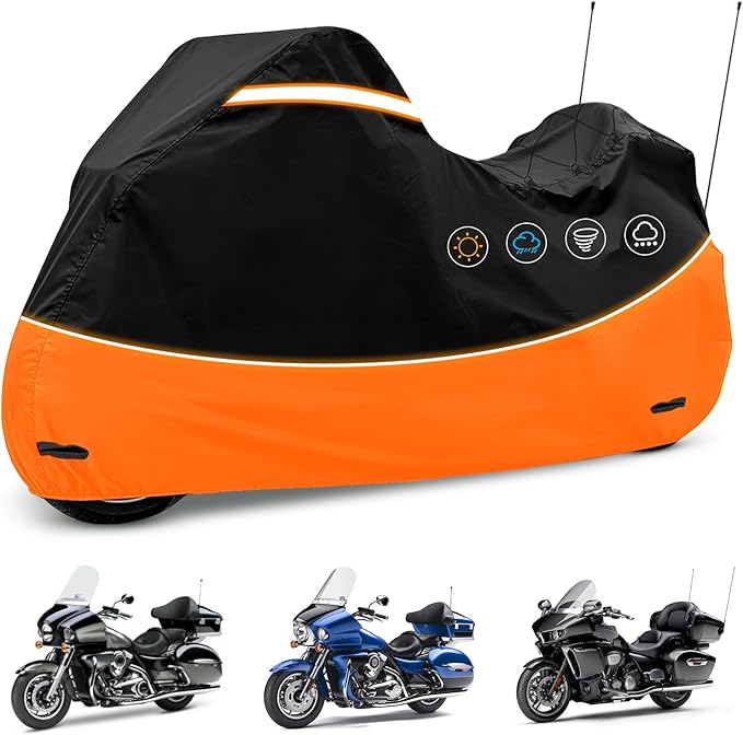 Heavy Duty Waterproof Motorcycle Cover with Side & Top Box Reflective Strips for Harley Ultra Limited Ultra Classic Road Glide Electra Glide, 110" L x 43" W x 55" H,Black & Orange