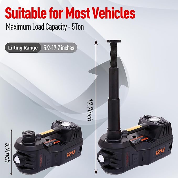 Trihelper Electric Car Jack 5 Ton 12V Floor Jack Hydraulic Jack Stand Car Lift Jack with Integrated Tire Pump for SUV Truck Sedan Vehicle Roadside Emergency Tire Change