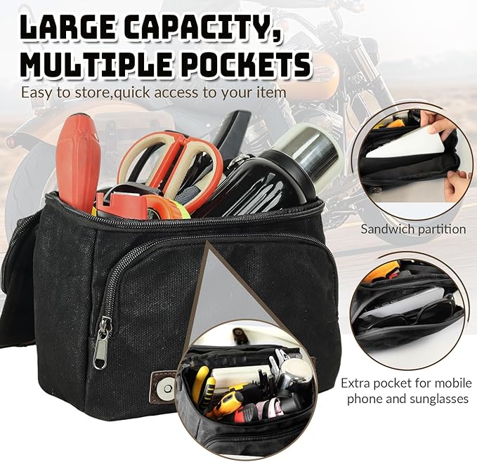 Motorcycle Tool Bag Vintage Saddle Bag Motorcycle Fork Bag Canvas Sissy Bar Bags Handbar Bag for Bike Large Capacity Waterproof Storage Bag for Powersports Cameral Bag for Men&Women