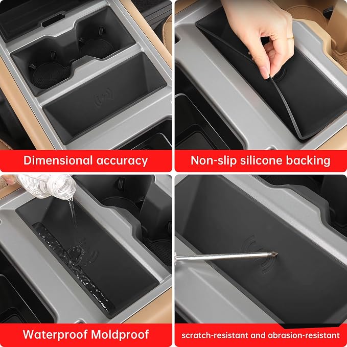 Center Console Storage Box for 2025-2026 Land Rover Defender 90 110 130 Wireless Charging Mat Cup Holder Interior Storage Silicone Mat Tuning Supplies Accessories (2025 Defender (Black))