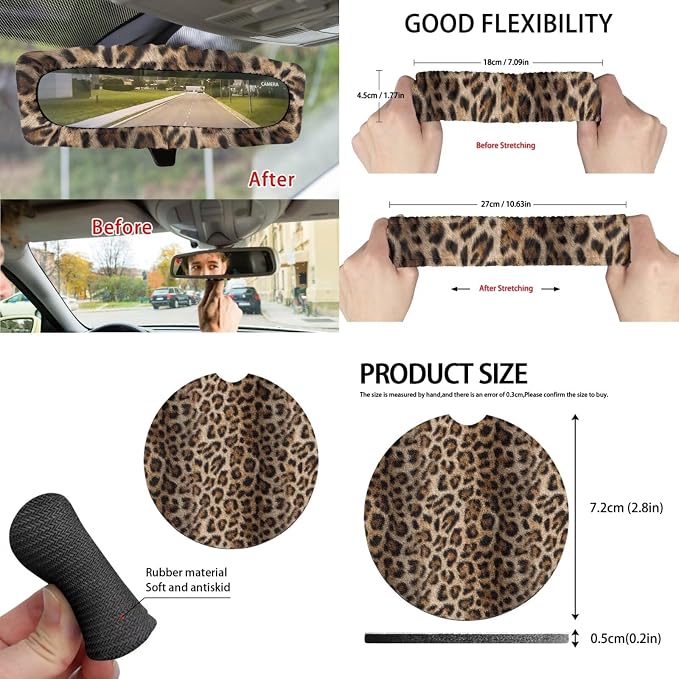 15 Pcs Brown Leopard Car Seat Cover Full Set for Women with Steering Wheel Cover Seat Belt Cover Trash Bin Front Rear View Mirror Car Cup Holder Keychain