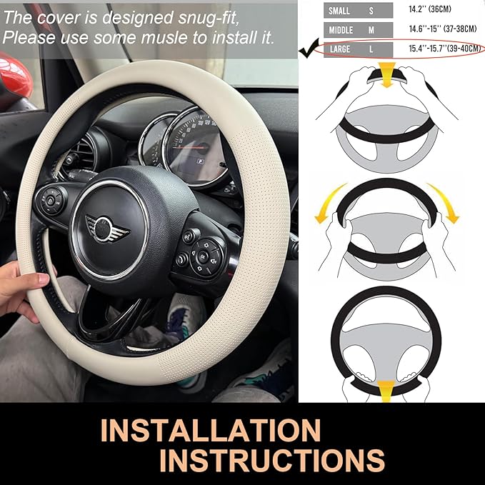 PINCTROT Large Size Nappa Leather Steering Wheel Cover, Slim Fit No Bulk Design, One Piece Leather with Breathable Perforation, Fit Like Gloves, 15.5-15.75 Inch(Nappa Beige)