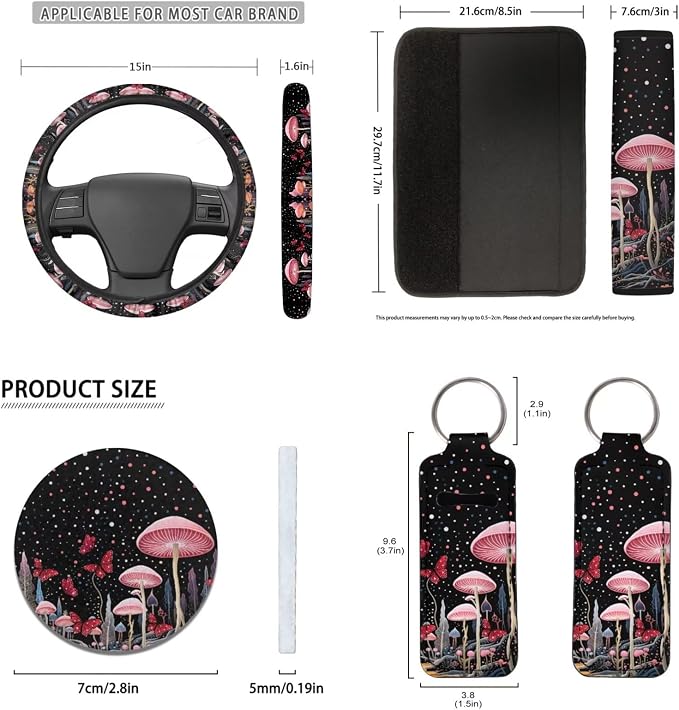 Mushroom Car Accessory Pink Mushroom Car Seat Covers Full Set,Cottagecore Butterfly Mushrooms Auto Steering Wheel Cover Keychain Safety Seat Belt Pad Universal Fit,All Weather Protection 12Pcs