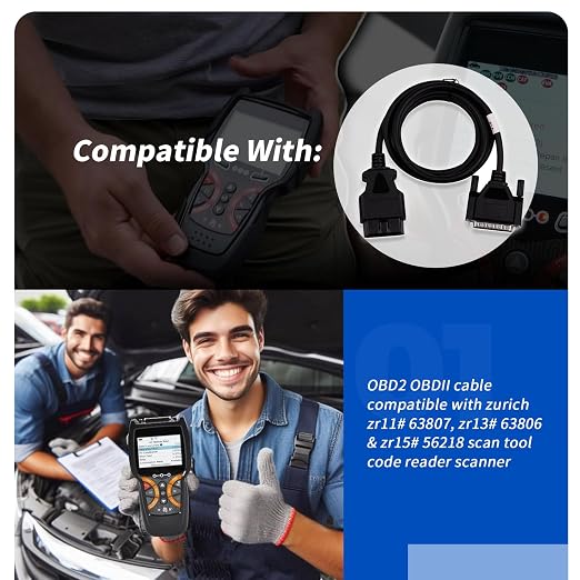 XTPTFABS OBD2 OBDII Cable Compatible with Zurich ZR11 ZR13 ZR15 Scan Tool Code Reader Scanner(Code Reader Scan Tool Part # 63807, 63806 and 56218)-Cable Total Length 5-FT