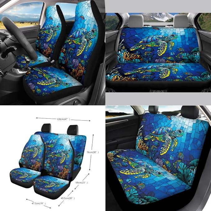 Turtle Coral Glass Print 15 Pack Car Accessories Set Car Seat Covers Steering Wheel Cover Seatbelt Strap Pad Garbage Cans Air Vent Storage Holder Rearview Mirror Cover Coasters Keychain