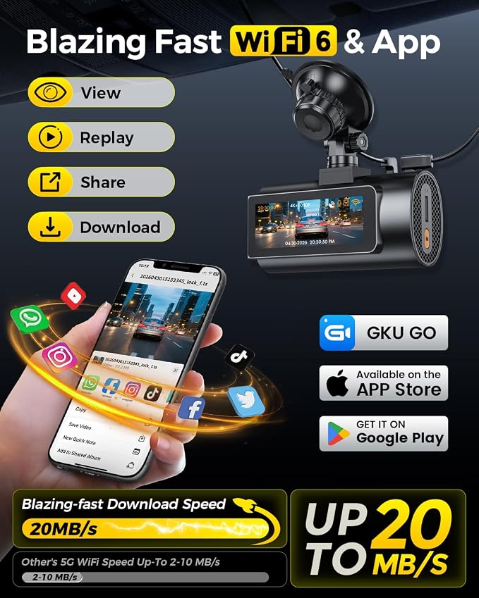 GKU 4K Dual Dash Cam Front and Rear, STARVIS 2 Sensor, 5.8GHz WiFi6 Up to 20MB/s, Voice Control, Dash Camera with GPS, WDR Night Vision, 24H Parking Mode, Loop Recording(No SD Card)